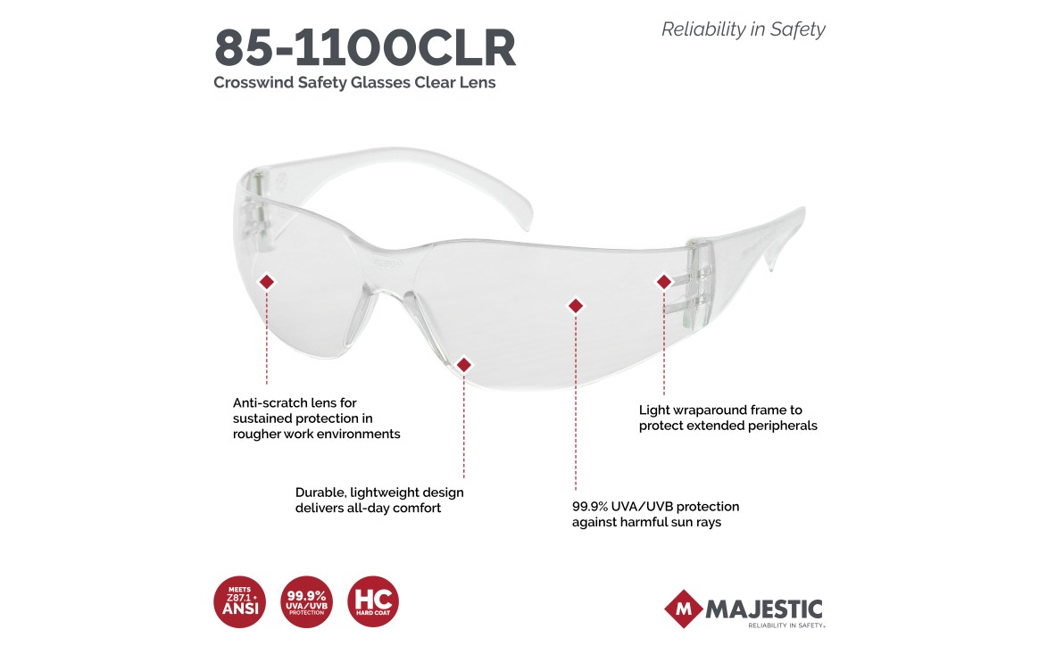 Crosswind 85-1100CLR Bulk Safety Glasses, Clear | Majestic Glove